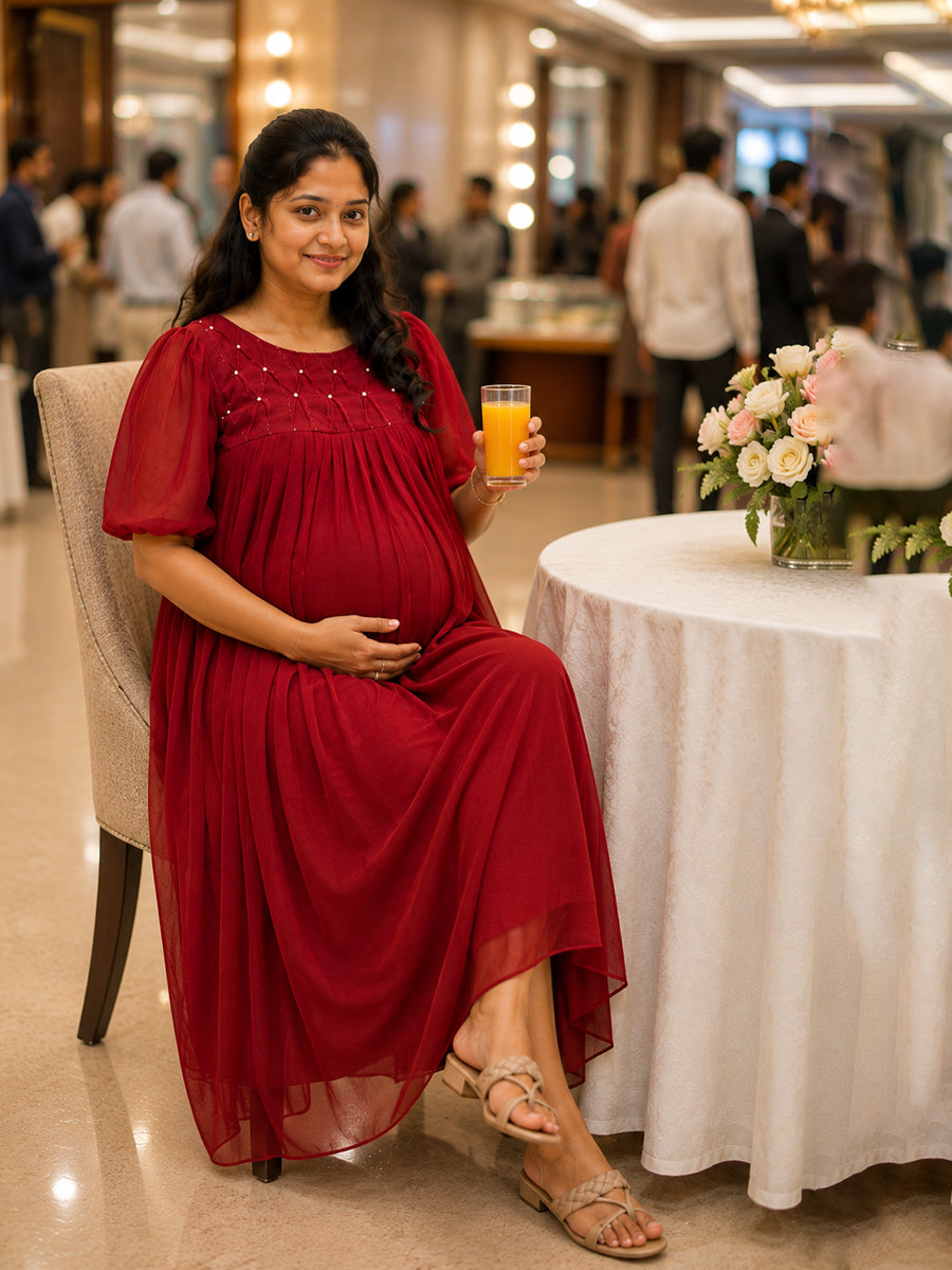 Ziva Maternity & Feeding Multipurpose Party Wear Dress – Dark Cherry Red | Concealed Feeding Zips