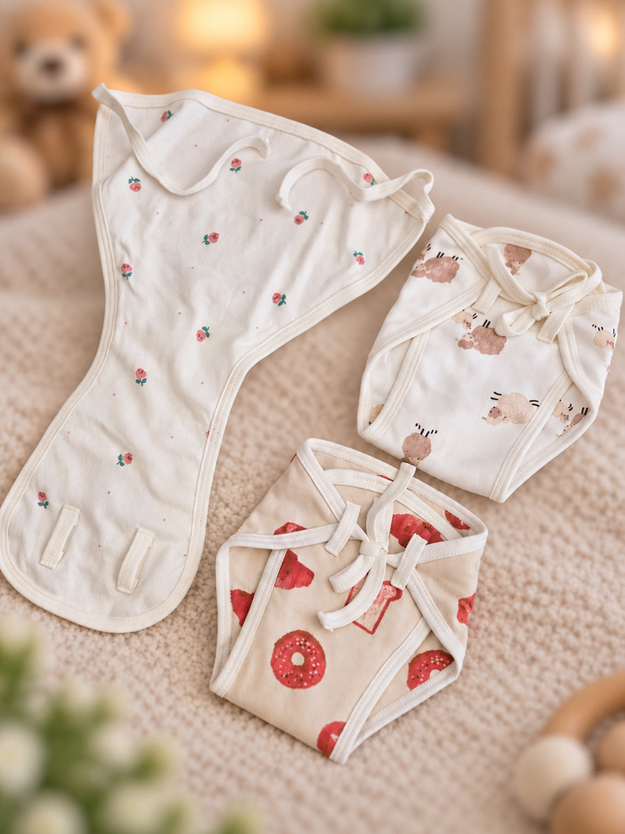 Ziva 3 Piece Nappy – Unisex | Premium Adjustable Tie Nappy | Knitted Cotton | Lightly Padded Attached Insert | Assorted White, Off-White & Beige Prints(Print Details: Check Product Description)