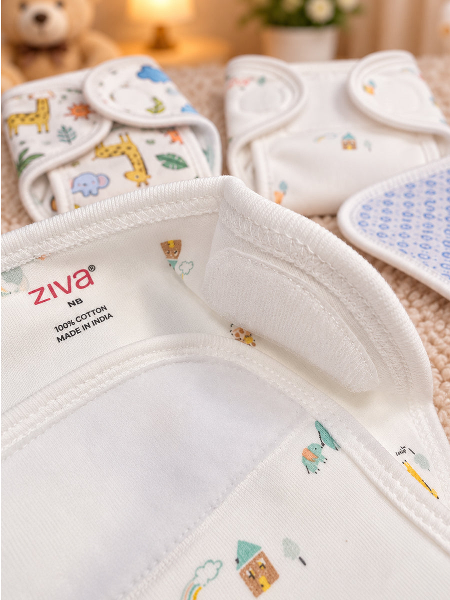 Ziva 3 Piece Velcro Nappy – Baby Boy | Premium Knitted Cotton | Lightly Padded Attached Insert | Assorted White, Off-White & Blue Prints