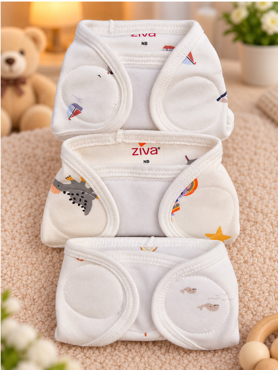 Ziva 3 Piece Velcro Nappy – Baby Boy | Premium Knitted Cotton | Lightly Padded Attached Insert | Assorted White & Off-White Prints