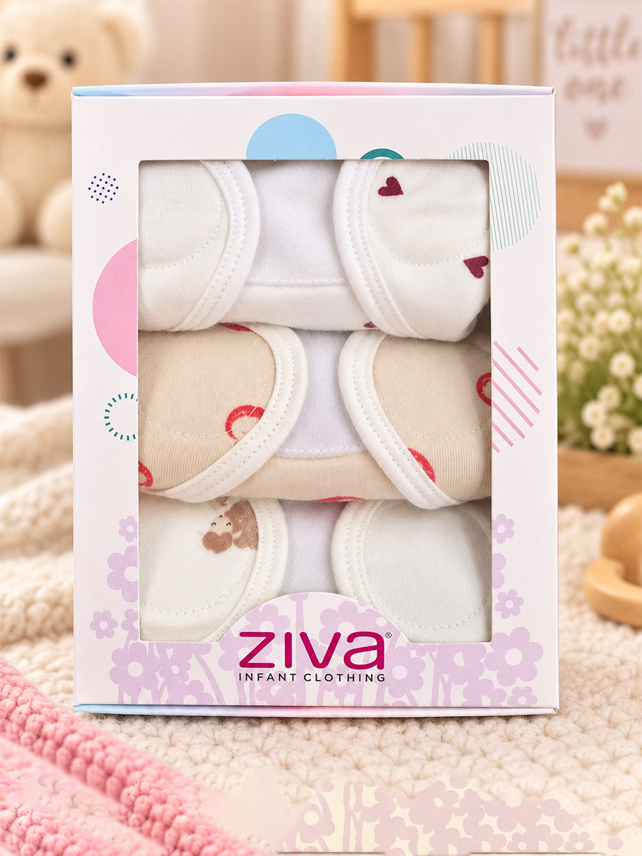 Ziva 3 Piece Velcro Nappy – Unisex | Premium Knitted Cotton | Lightly Padded Attached Insert | Assorted White, Off-White & Beige Prints