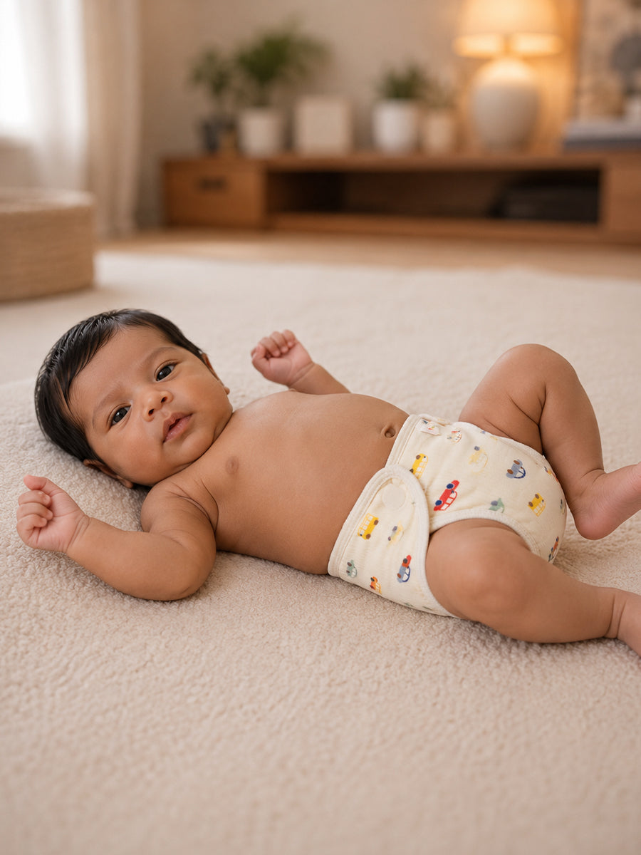 Ziva 3 Piece Velcro Nappy – Baby Boy | Premium Knitted Cotton | Lightly Padded Attached Insert | Assorted Blue, Charcoal & Off-White Prints