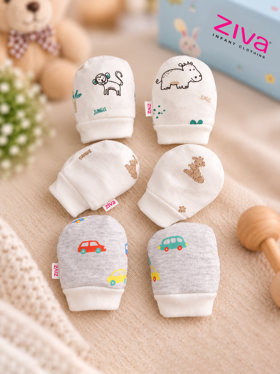 Ziva Premium Baby Mittens – Pack of 3 Pairs | Knitted Cotton | Assorted Baby Boy Prints (Print Details: Check Product Description)