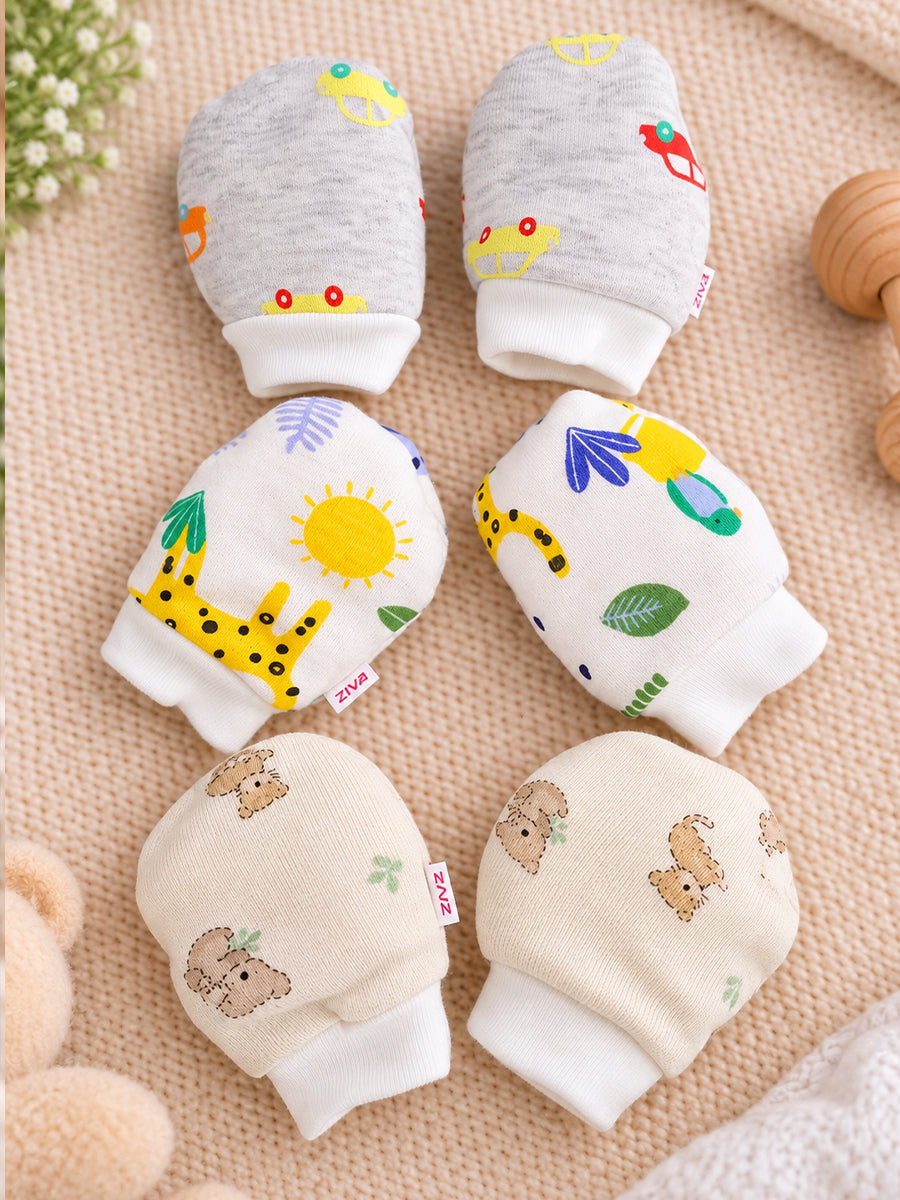 Ziva Premium Baby Mittens – Pack of 3 Pairs | Knitted Cotton | Assorted Baby Boy Prints – Vehicle, Giraffe & Teddy Theme (Print & Colour Details: Check Product Description)