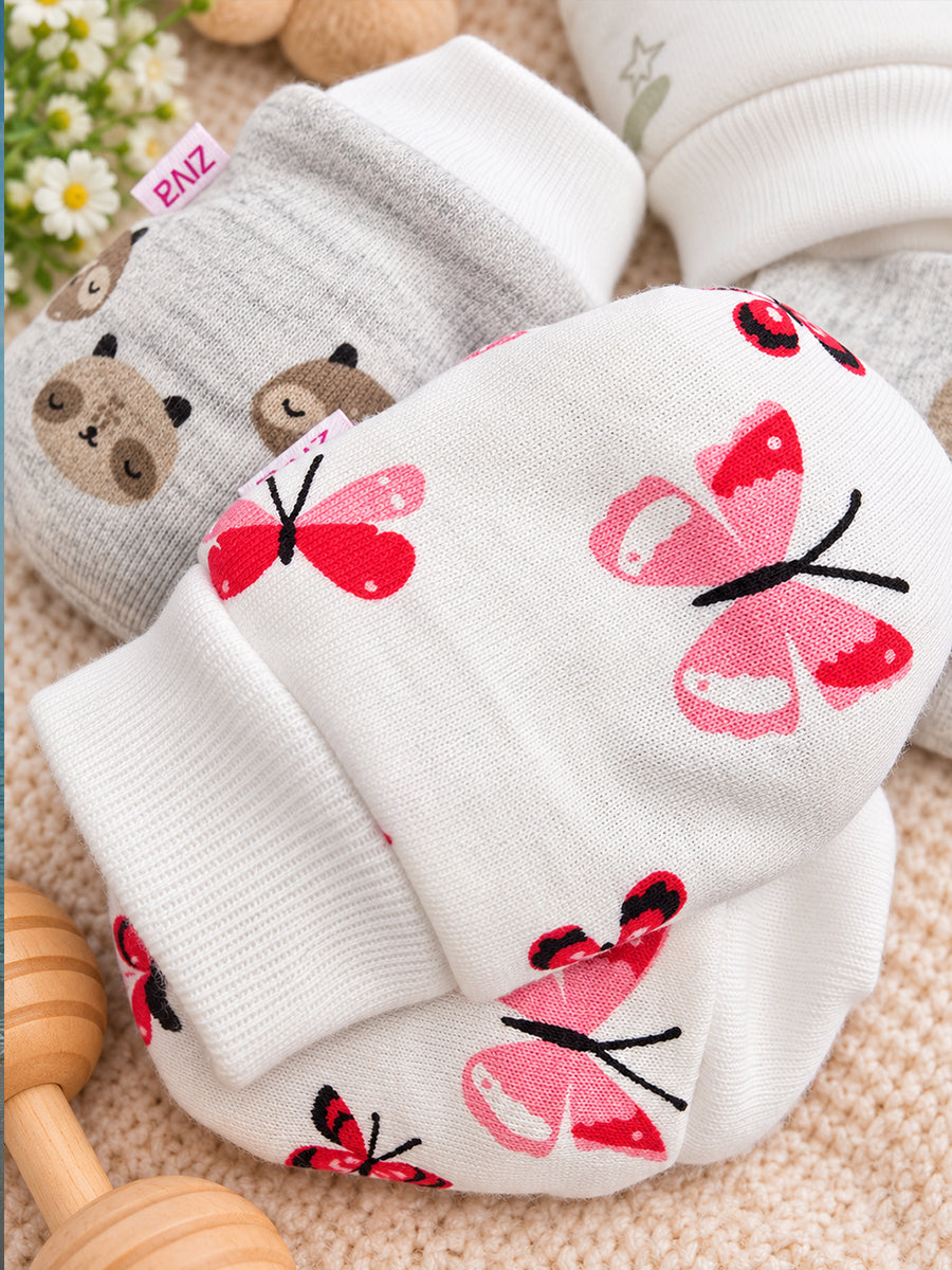 Ziva Premium Baby Mittens – Pack of 3 Pairs | Knitted Cotton | Assorted Unisex Prints – Star, Butterfly & Teddy Theme (Print & Colour Details: Check Product Description)