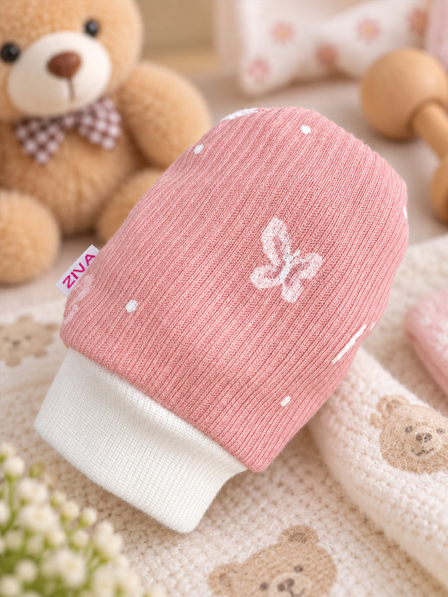 Ziva Premium Baby Mittens – Pack of 3 Pairs | Knitted Cotton | Assorted Baby Girl Prints – Bunny, Teddy & Polka Dot Theme (Print & Colour Details: Check Product Description)