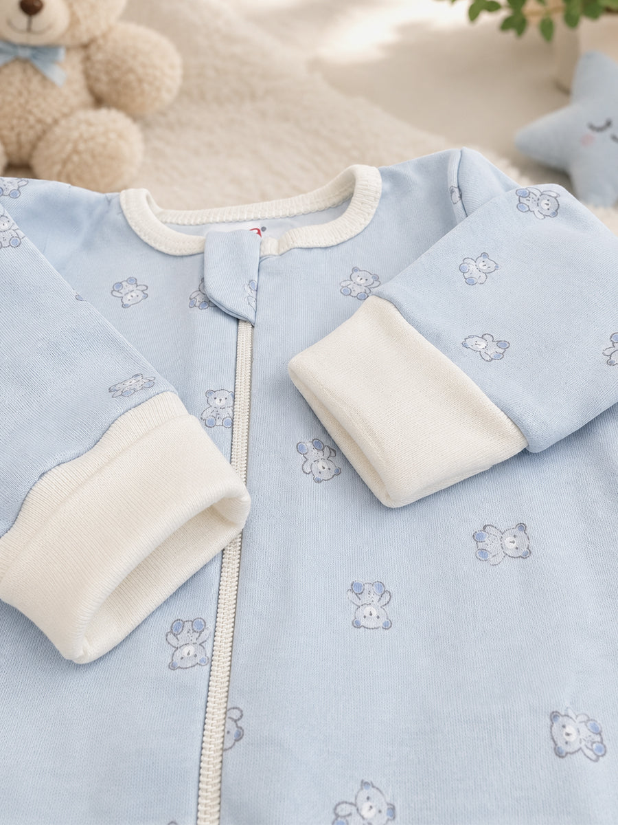 Ziva Baby Sleepsuit with Cap – Powder Blue Tiny Teddy Print | Premium Knitted Cotton | Front Zip | Fold-Over Mittens & Integrated Booties