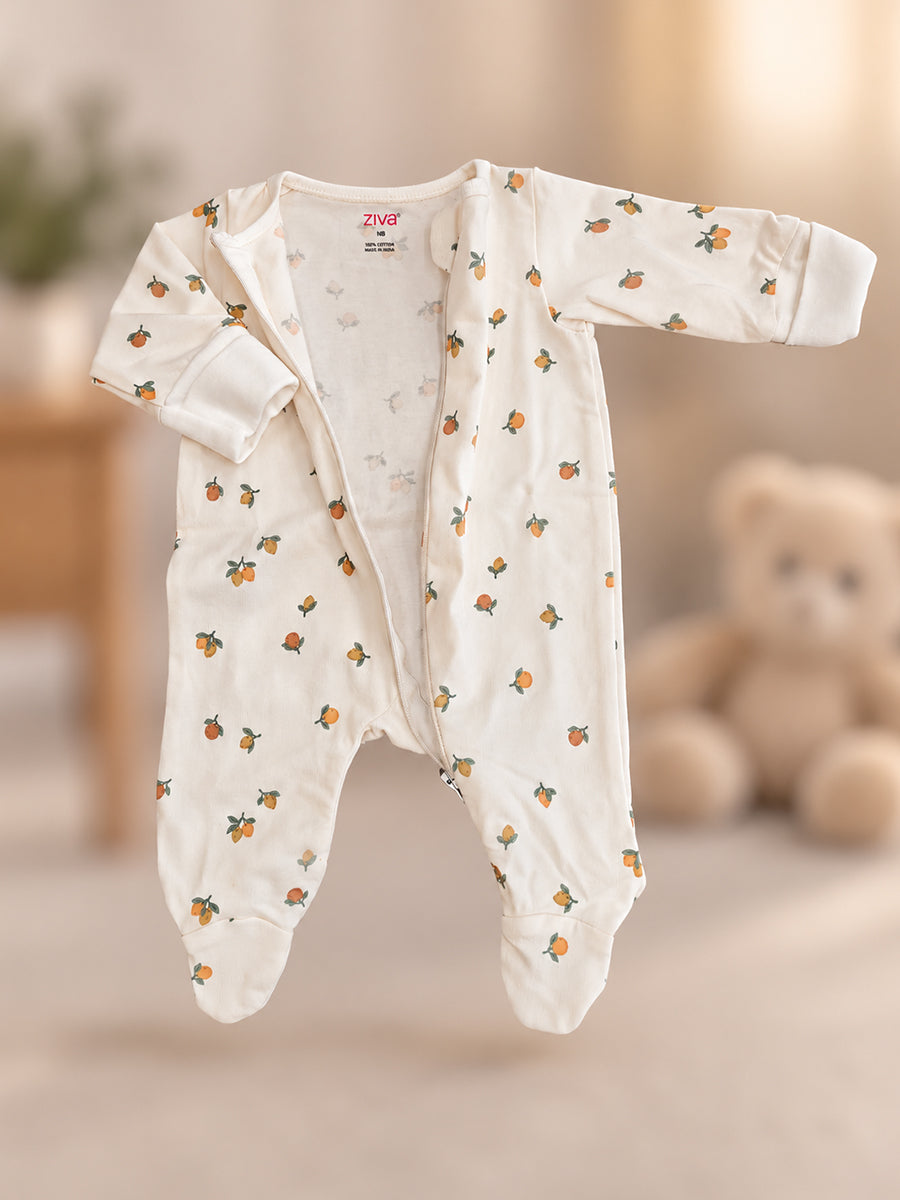 Ziva Baby Sleepsuit with Cap – Off White Tiny Orange Fruit Print | Premium Knitted Cotton | Front Zip | Fold-Over Mittens & Integrated Booties