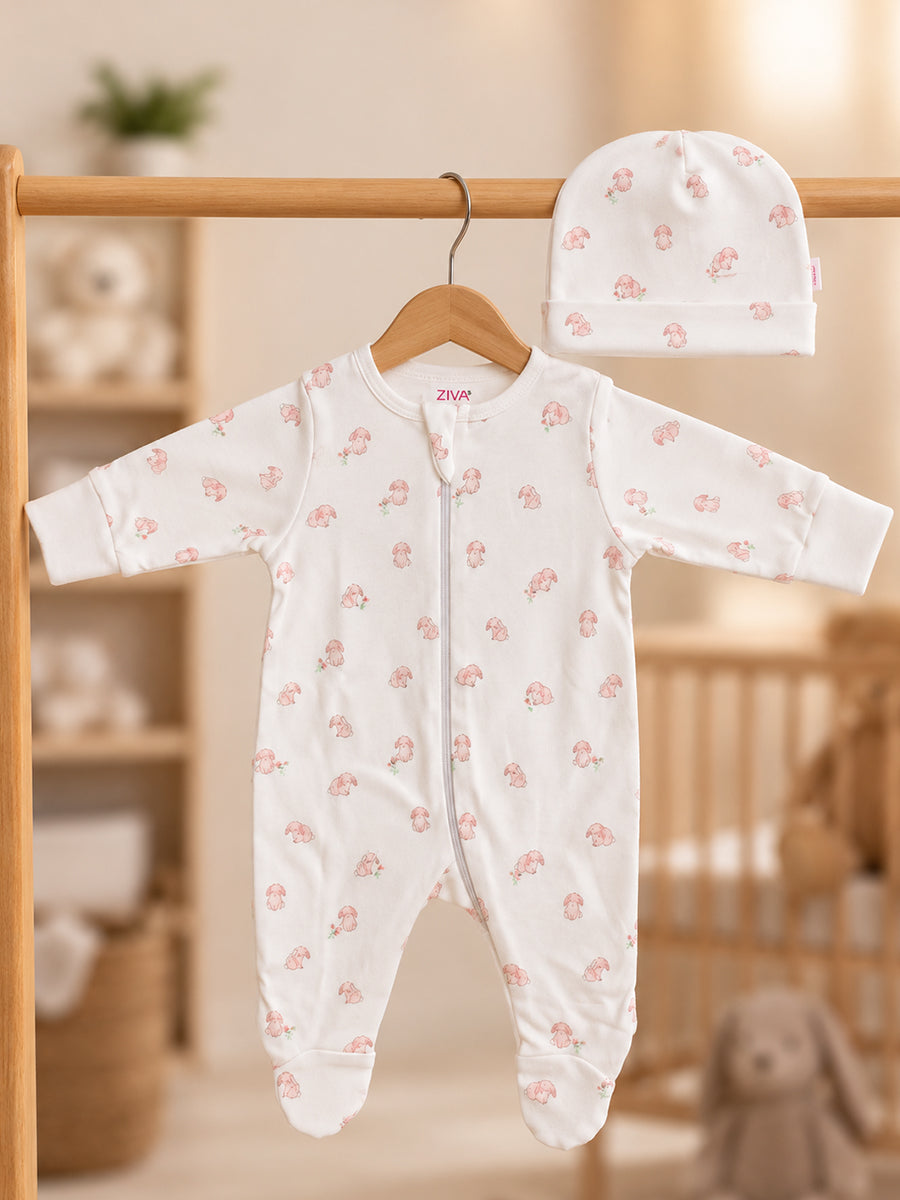 Ziva Baby Sleepsuit with Cap – Off White Tiny Bunny Print | Premium Knitted Cotton | Front Zip | Fold-Over Mittens & Integrated Booties