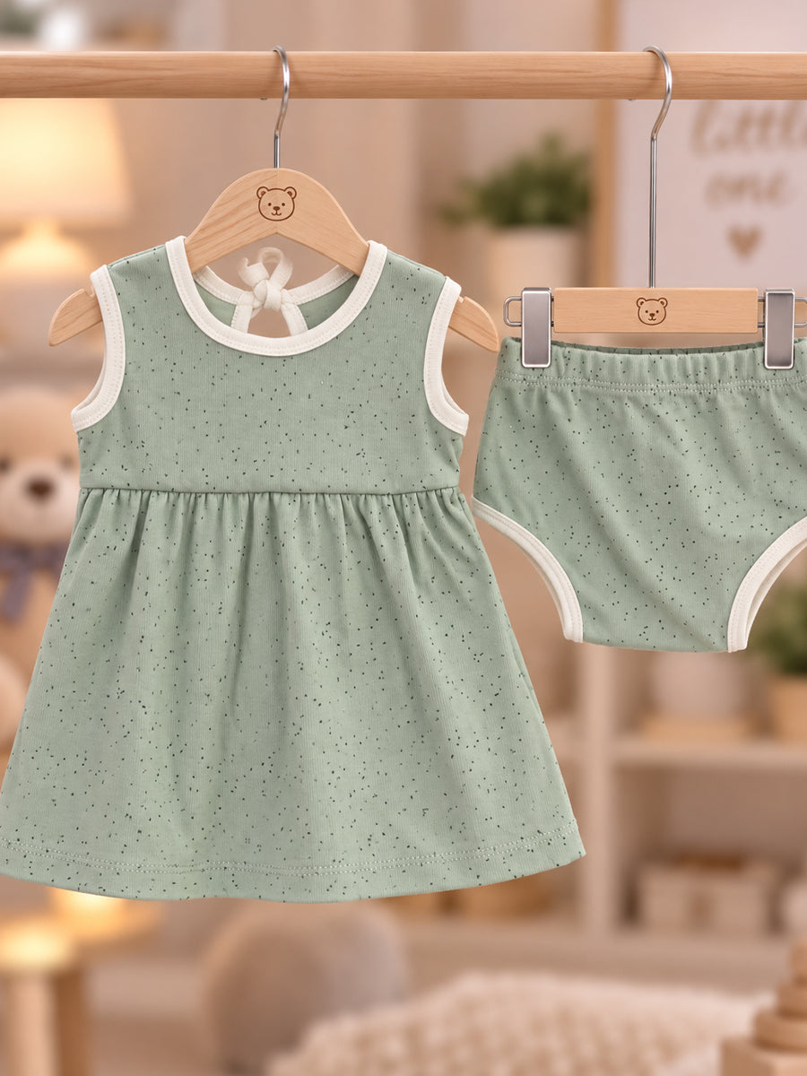 Ziva Baby Girl Frock with Pantie – Sage Green Speckled Print | Premium Knitted Cotton | Back Adjustable Tie | 2-Piece Set