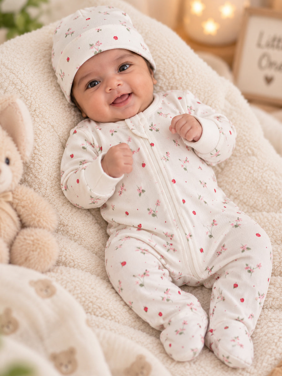 Ziva Baby Sleepsuit with Cap – Off White Tiny Strawberry Blossom Print | Premium Knitted Cotton | Front Zip | Fold-Over Mittens & Integrated Booties
