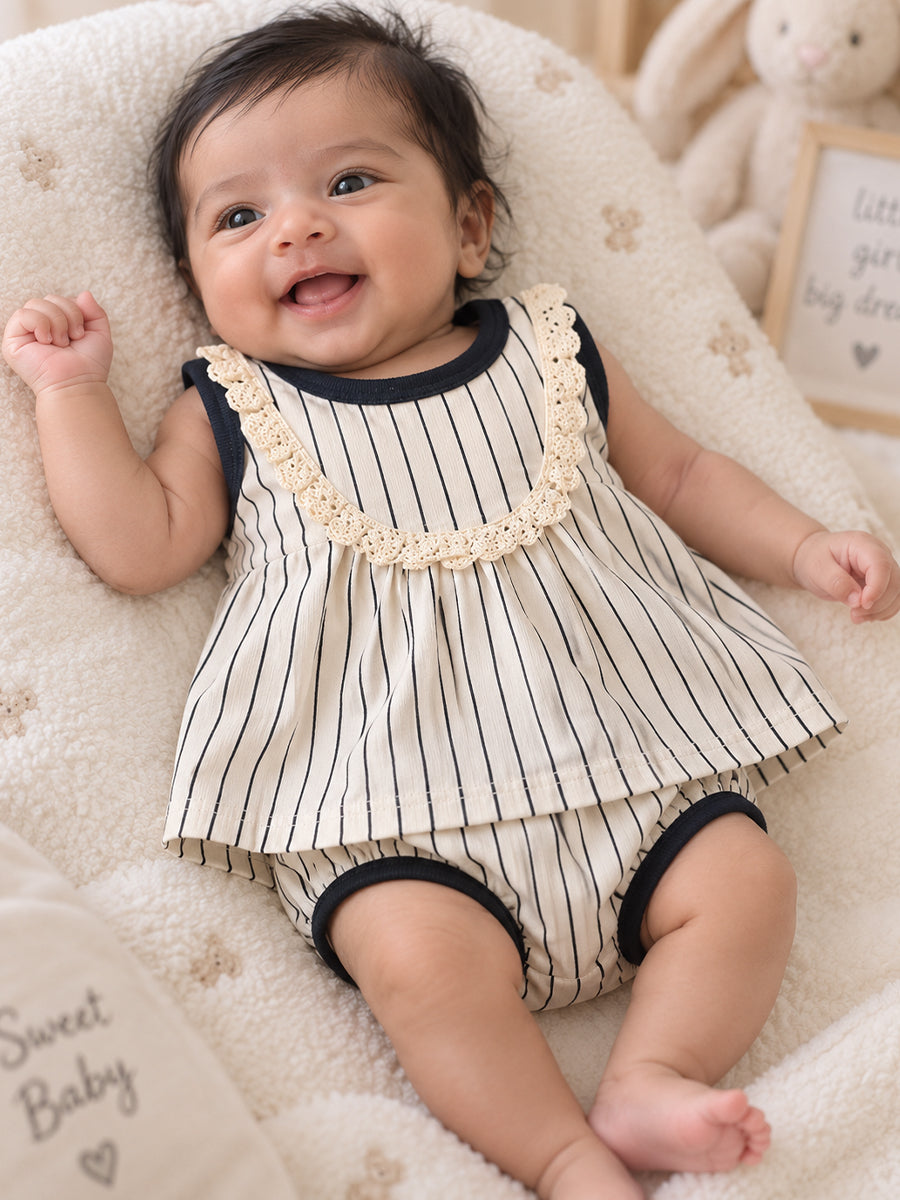 Ziva Baby Girl Frock with Pantie – Off White & Black Vertical Stripe | Elegant Lace Yoke | Premium Knitted Cotton | 2-Piece Set