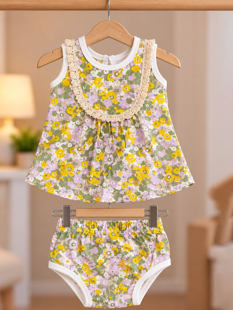Ziva Baby Girl Frock with Pantie – Pastel Yellow & Lilac Floral Print | Premium Knitted Cotton | Cream Lace Yoke | 2-Piece Set