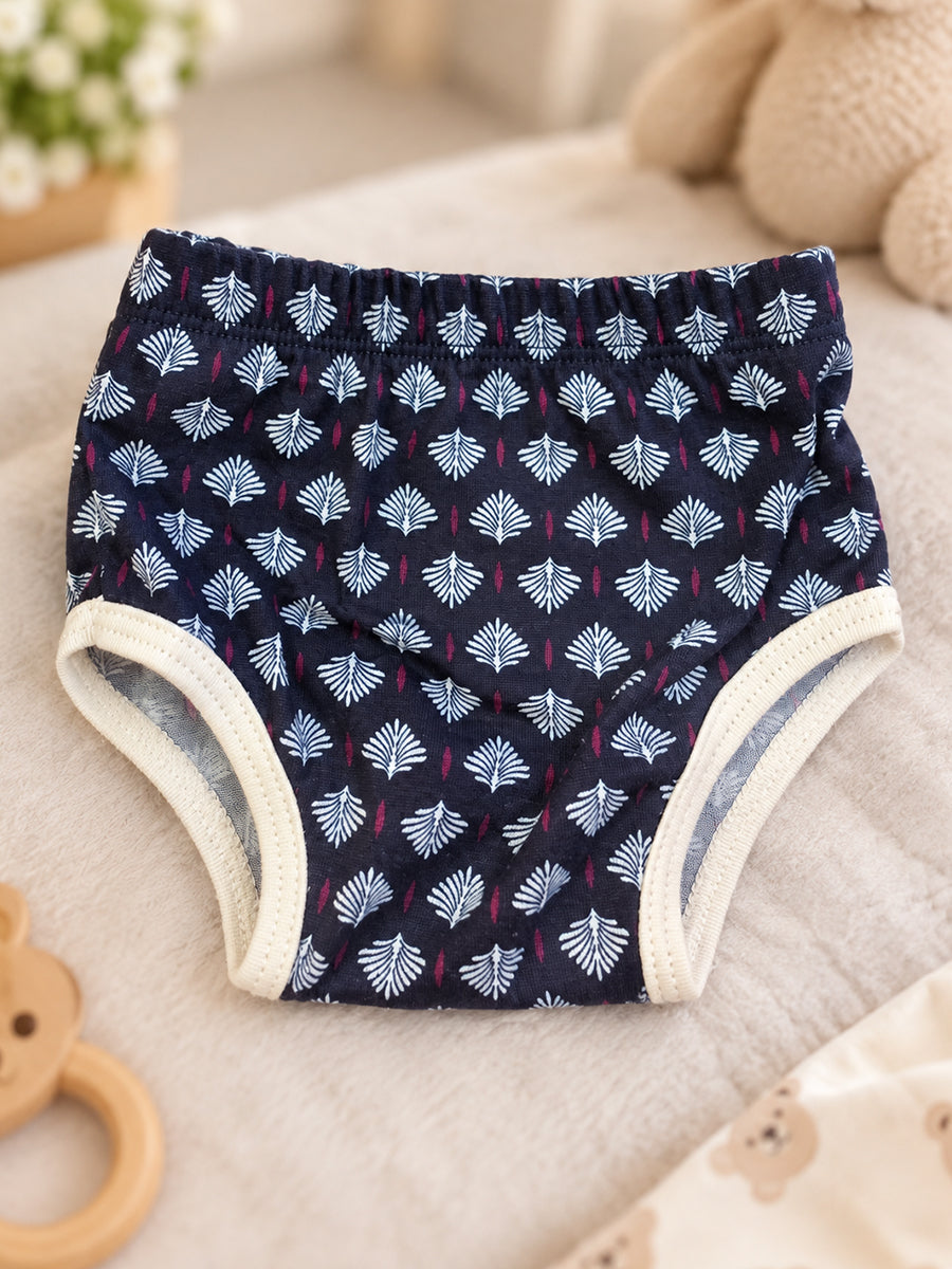 Ziva Baby Girl Frock with Pantie – Navy Blue Ethnic Motif Print | Premium Knitted Cotton | Back Adjustable Knot Tie | 2-Piece Set