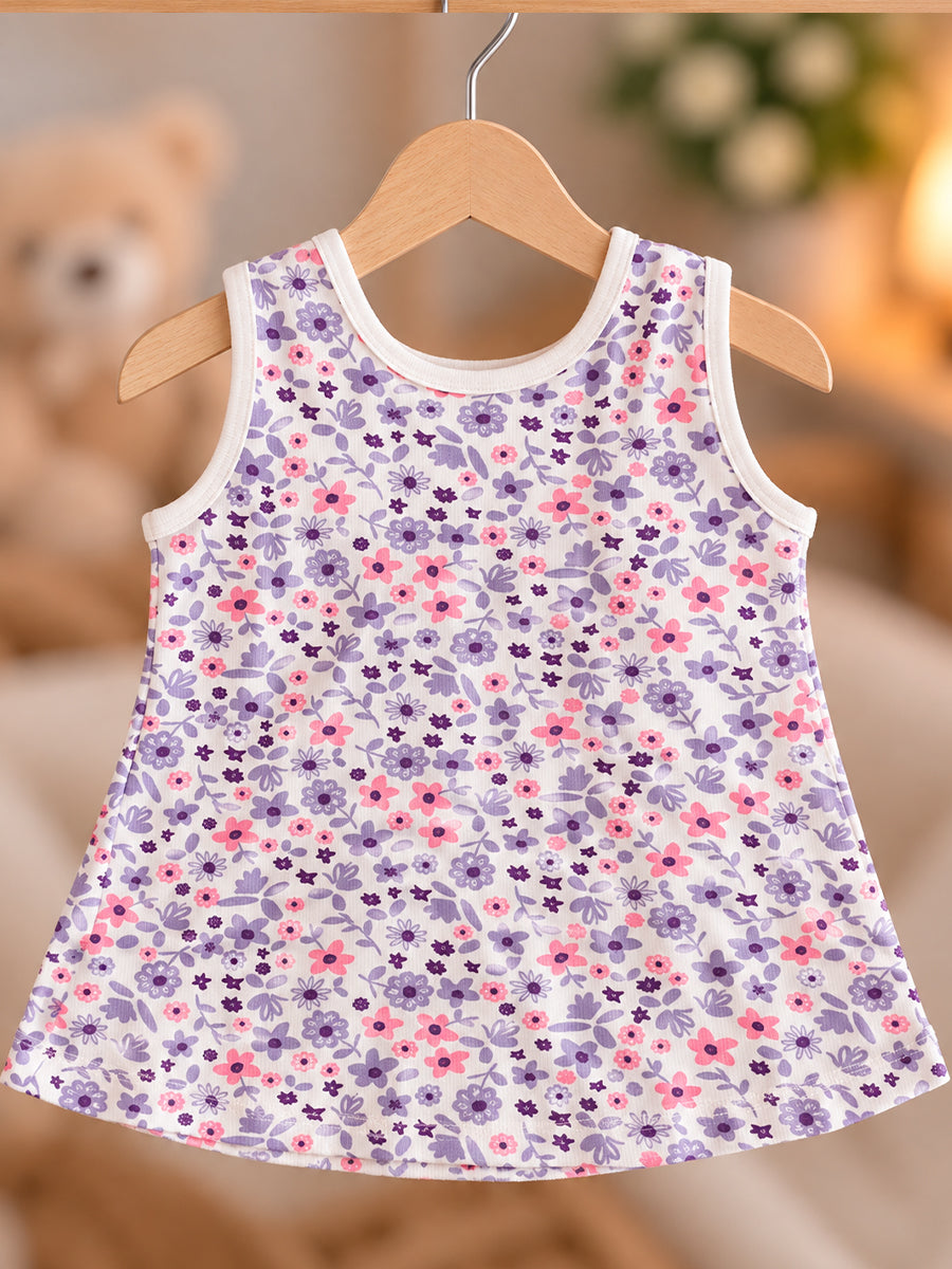 Ziva Baby Girl Frock with Pantie – Soft Cream Lavender & Pink Floral Print | Premium Knitted Cotton | Shoulder Buttons & Front Pockets | 2-Piece Set