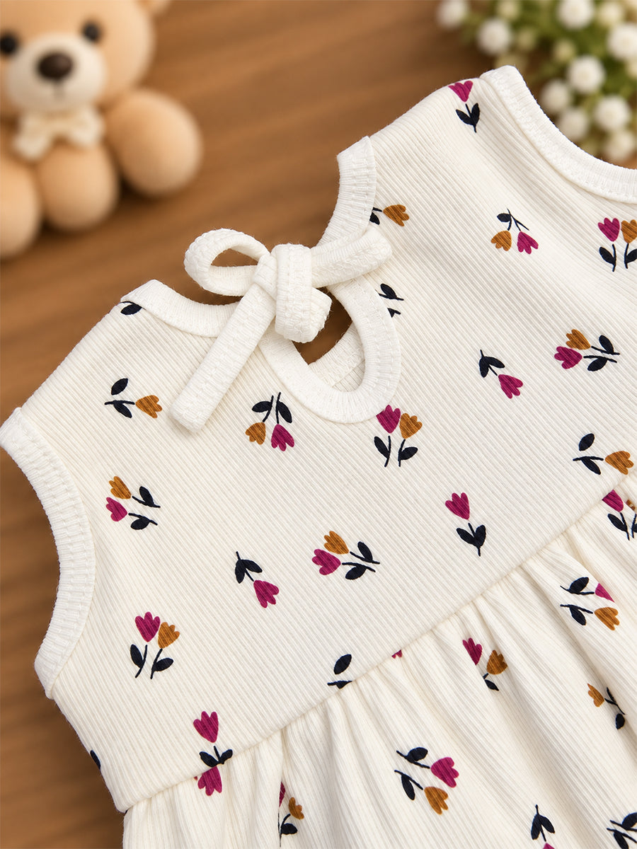 Ziva Baby Girl Frock with Pantie – Off White Tiny Tulip Floral Print | Premium Knitted Cotton | Back Knot Tie | 2-Piece Set