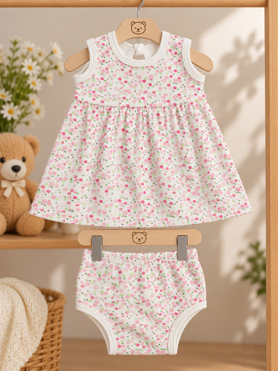 Ziva Baby Girl Frock with Pantie – Off White Pink Blossom Print | Premium Knitted Cotton | Back Knot Tie | 2-Piece Set