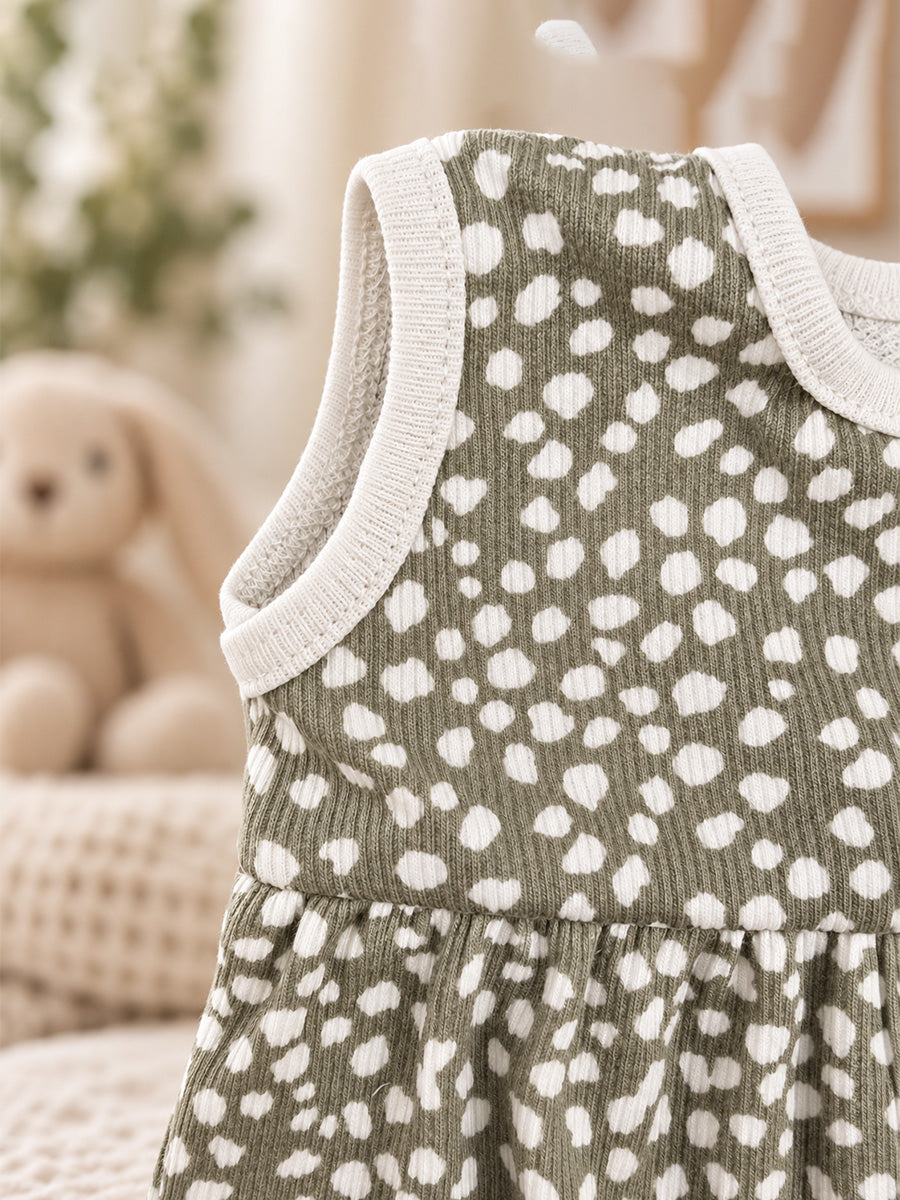 Ziva Baby Girl Frock with Pantie – Olive Sage White Pebble Print | Premium Knitted Cotton | Back Knot Tie | 2-Piece Set