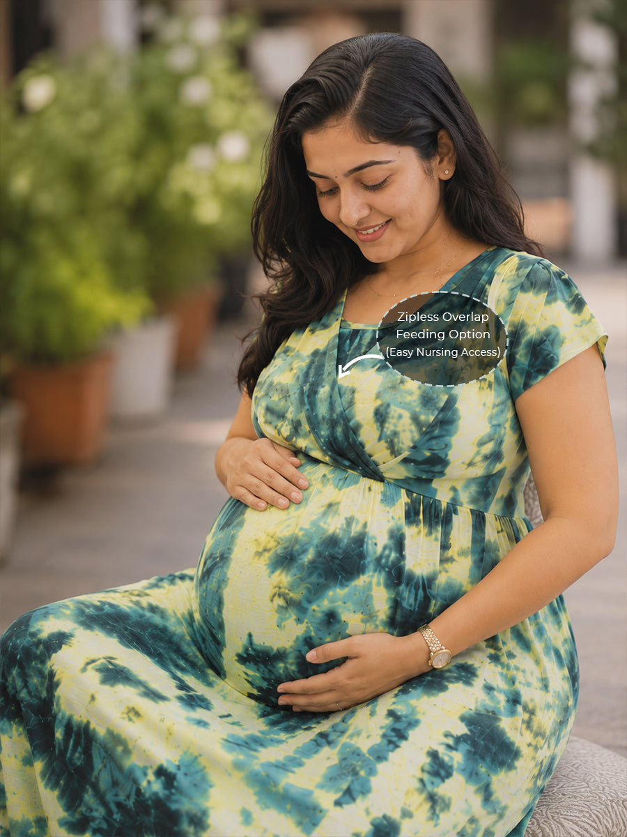Ziva Maternity & Feeding Knitted Cotton Midi Dress with Zipless Feeding Access & Pocket – Black Olive Green Tie-Dye