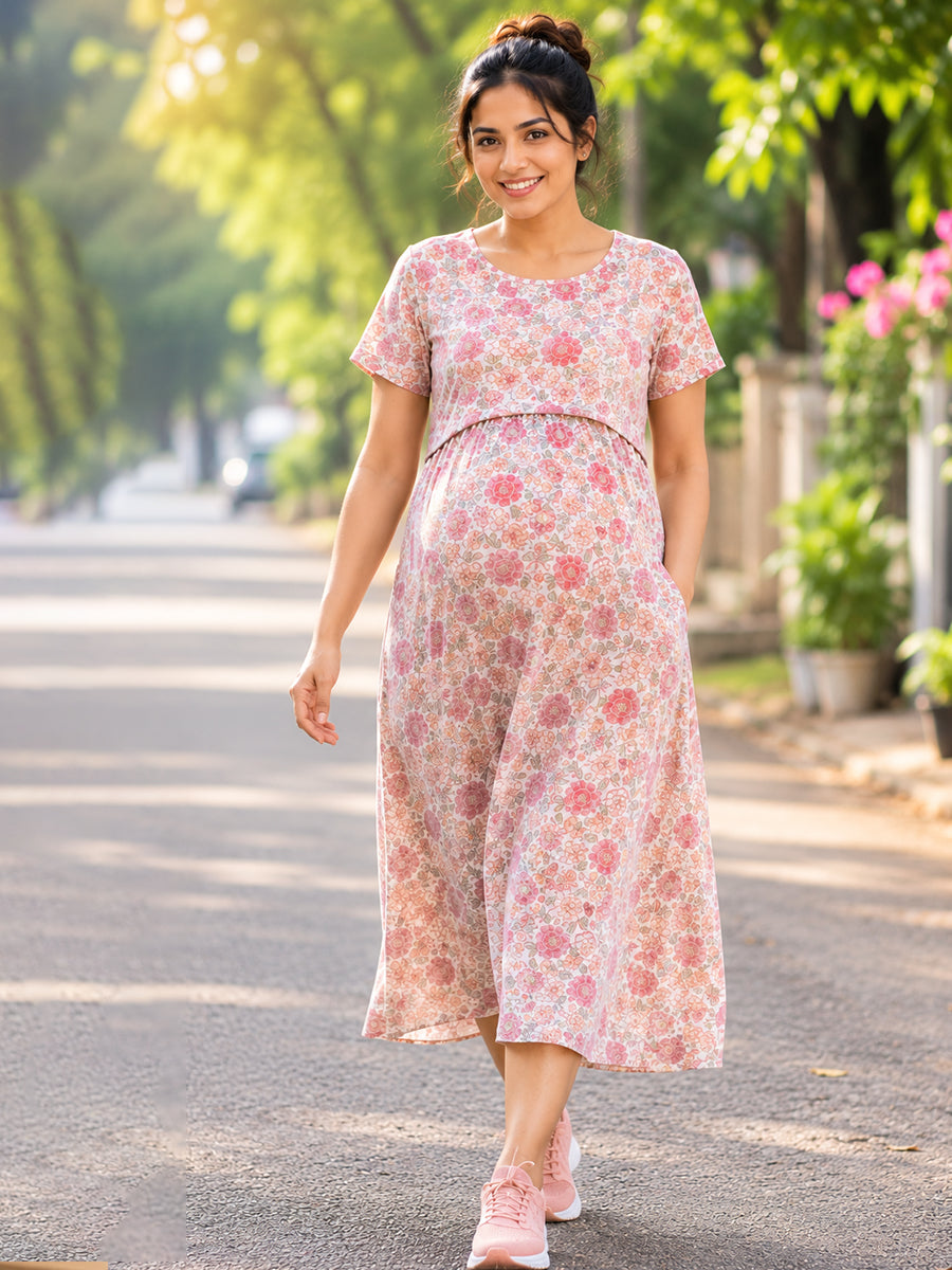 Ziva Zipless Maternity & Feeding Knitted Dress with Adjustable Tie & Side Pocket – Vintage Rose Garden Print