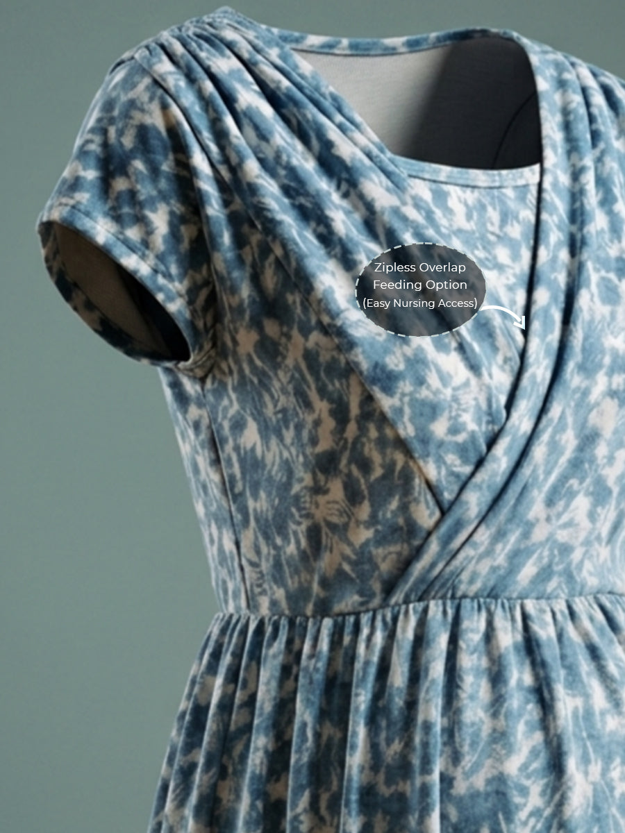 Ziva Maternity & Feeding Knitted Cotton Midi Dress with Zipless Feeding Access & Pocket – Steel Blue Abstract Floral