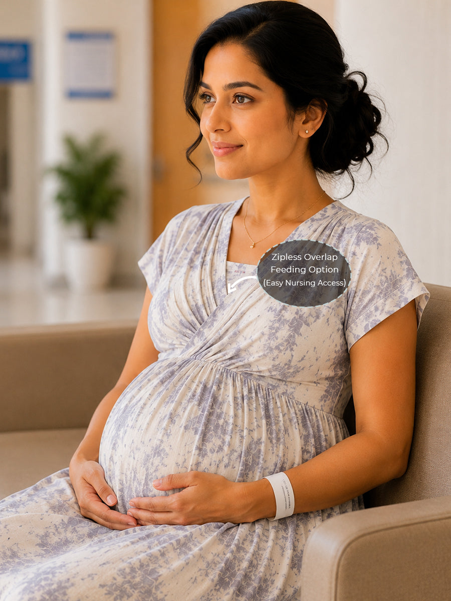 Ziva Maternity & Feeding Knitted Cotton Midi Dress with Zipless Feeding Access & Pocket – Misty Grey Cloud Wash Tie-Dye