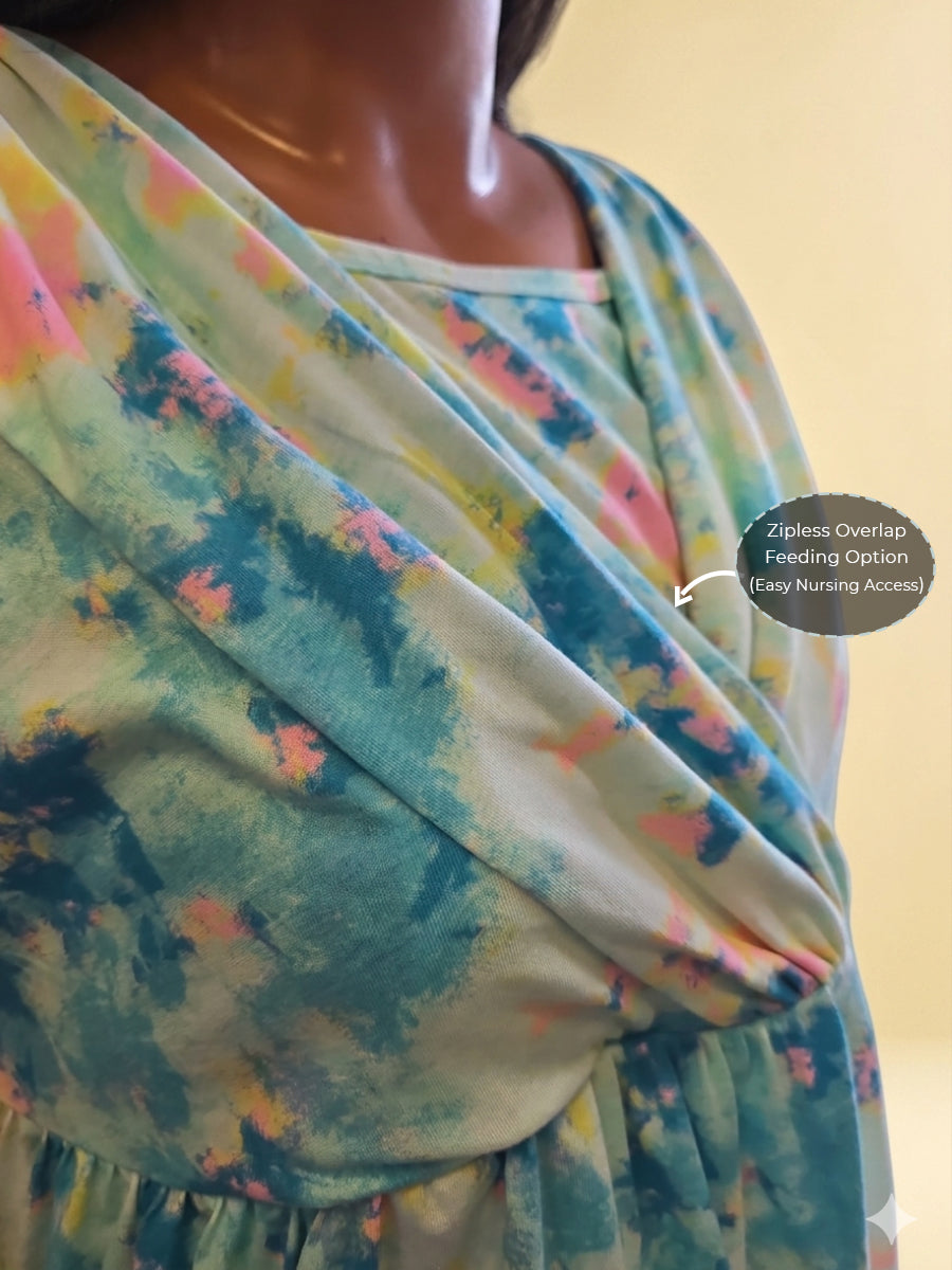 Ziva Maternity & Feeding Knitted Cotton Midi Dress with Zipless Feeding Access & Pocket – Light Teal Blue Multi Tie-Dye