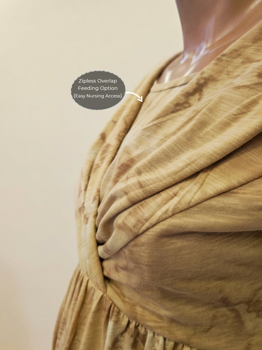 Ziva Maternity & Feeding Knitted Cotton Midi Dress with Zipless Feeding Access & Pocket – Light Golden Brown Tie-Dye