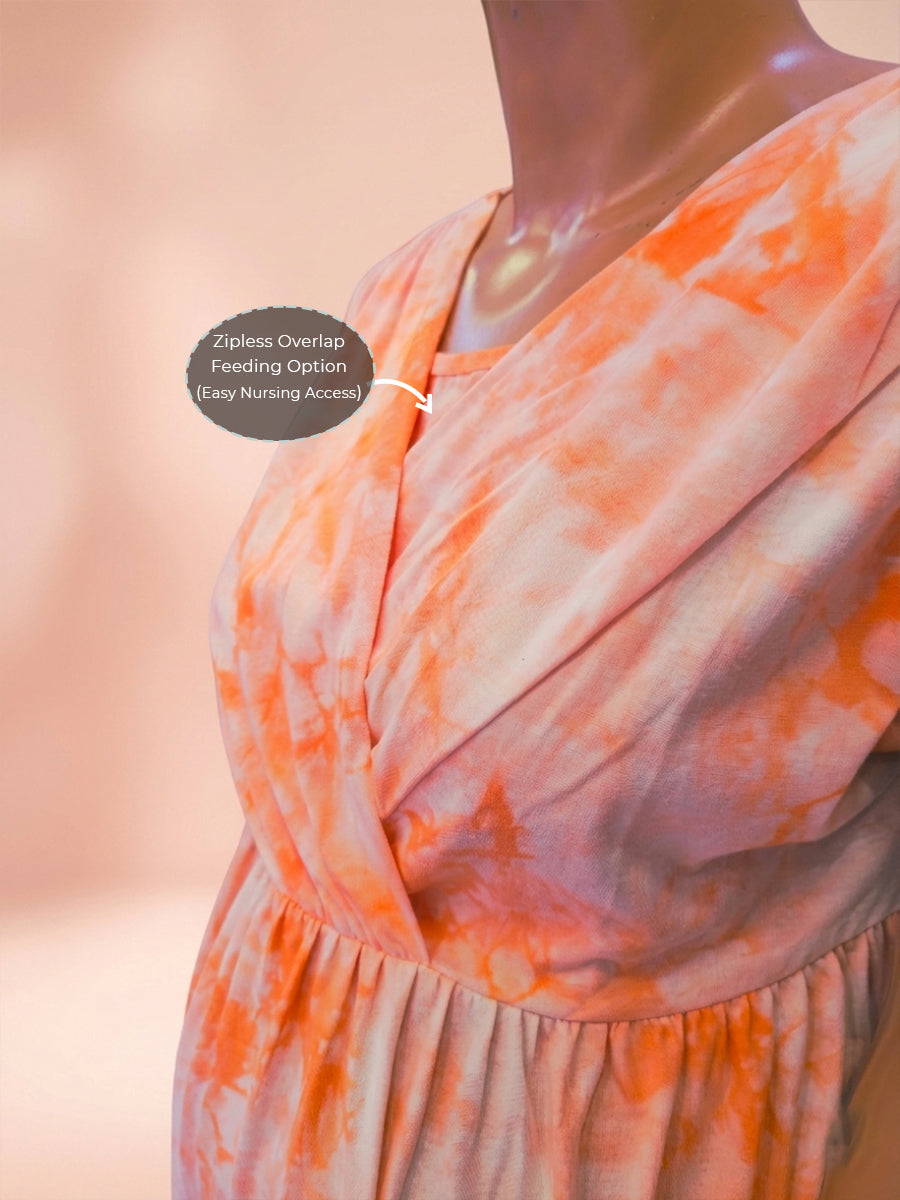Ziva Maternity & Feeding Knitted Cotton Midi Dress with Zipless Feeding Access & Pocket – Orange Tie-Dye