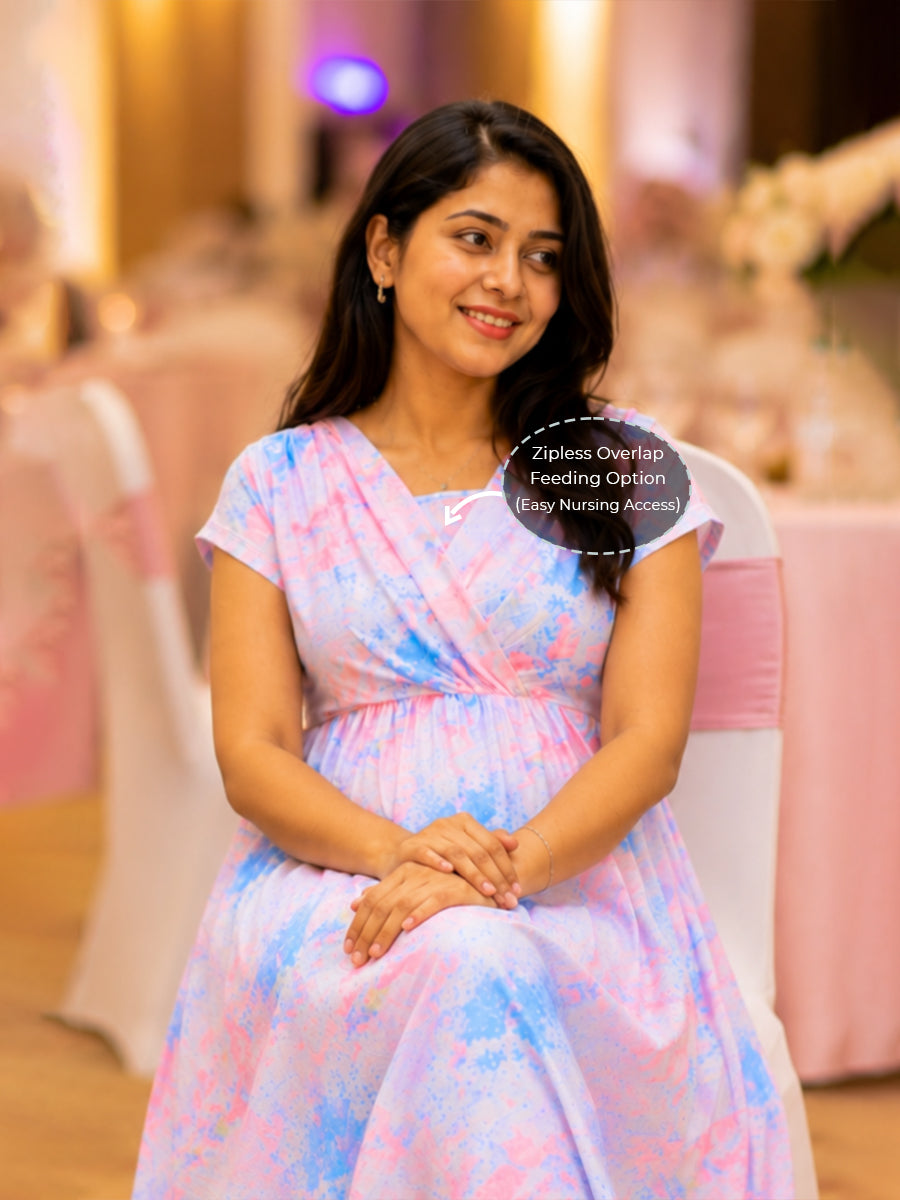 Ziva Maternity & Feeding Knit Cotton Midi Dress with Zipless Feeding Access & Pocket – Neon Peach Multi Tie-Dye