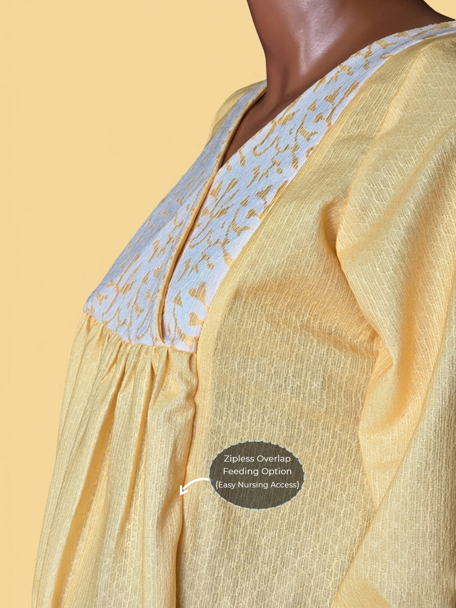 Ziva Maternity & Feeding Crushed Textured Shimmer Fabric Dress with Invisible Feeding Zip & Side Pocket – Yellow