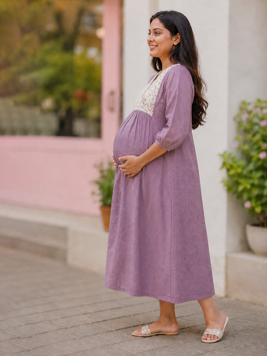 Ziva Maternity & Feeding Crushed Textured Shimmer Fabric Dress with Invisible Feeding Zip & Side Pocket – Dusty Mauve