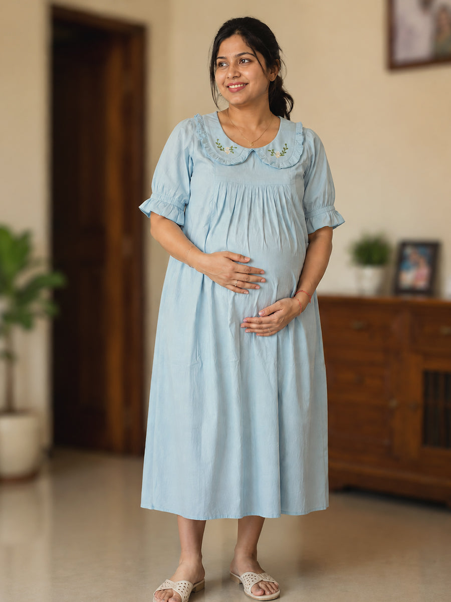Ziva Maternity & Feeding Cotton Short Frock Nighty with Elegant Embroidered Peter Pan Collar, Invisible Feeding Zips & Pocket – Light Blue