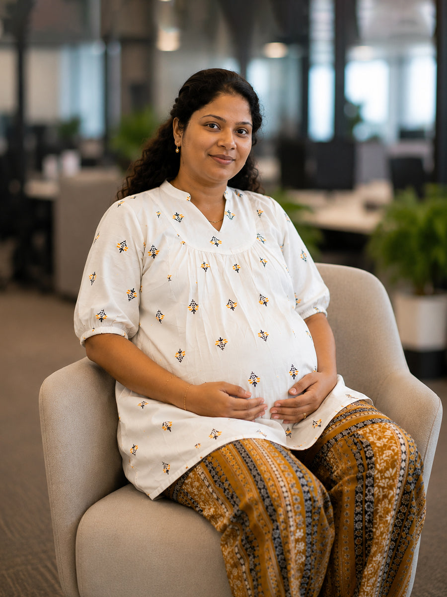 Ziva Maternity & Feeding Ethnic Co-ord Set with Feeding Zip & Wide-Leg Adjustable Palazzo – Cream & Mustard Yellow