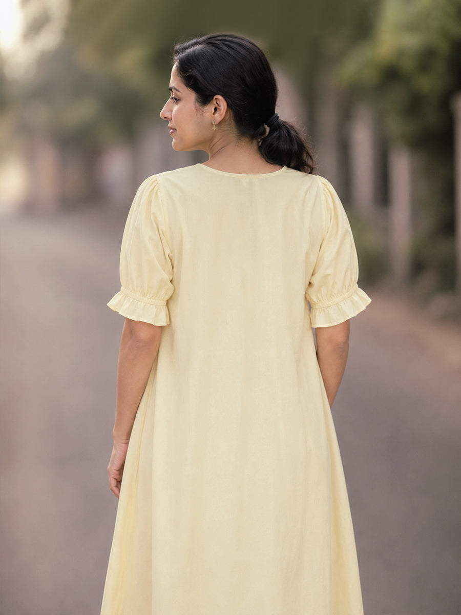 Ziva Maternity & Feeding Cotton Short Frock Nighty with Elegant Embroidered Peter Pan Collar, Invisible Feeding Zips & Pocket – Light Yellow