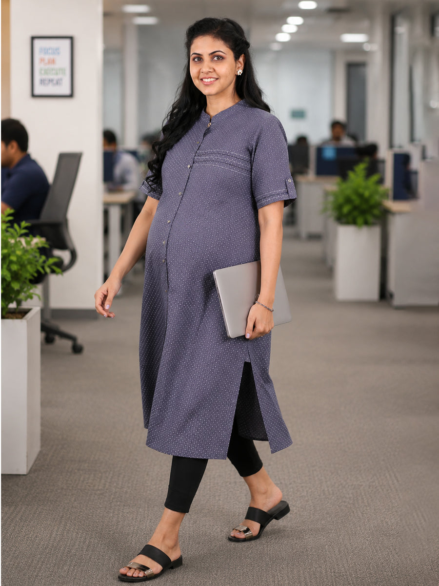 Ziva Maternity & Feeding Cotton Kurta Top with Mandarin Collar, Front Button Opening & Pocket