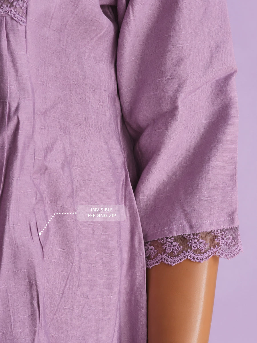 Ziva Maternity & Feeding Slub Grain Textured Dress with Invisible Feeding Zips, Crochet Lace Detailing & Pocket – Light Lavender
