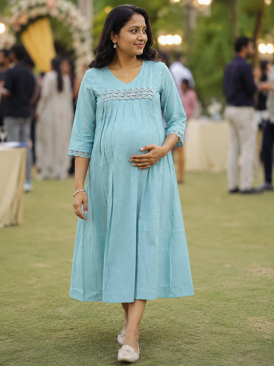 Ziva Maternity & Feeding Slub Grain Textured Dress with Invisible Feeding Zips, Crochet Lace Detailing & Pocket – Dusty Teal