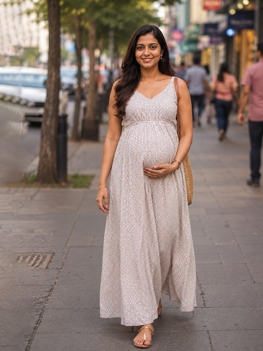 Ziva Maternity & Feeding Crushed Rayon Gown with Easy-Access Nursing Buckles & Adjustable Straps – Soft Mist Grey Geometric Floral Trellis Print