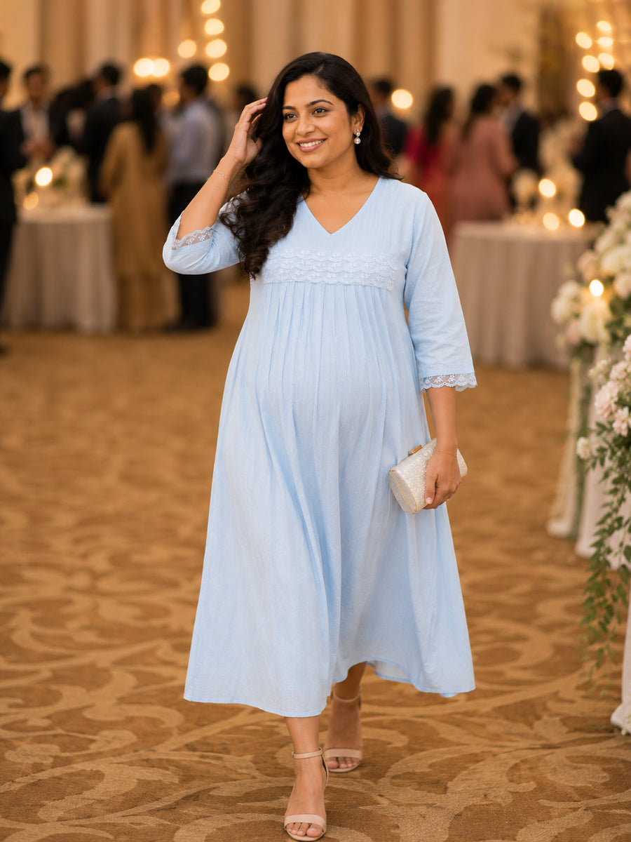 Ziva Maternity & Feeding Slub Grain Textured Dress with Invisible Feeding Zips, Crochet Lace Detailing & Pocket – Powder Blue