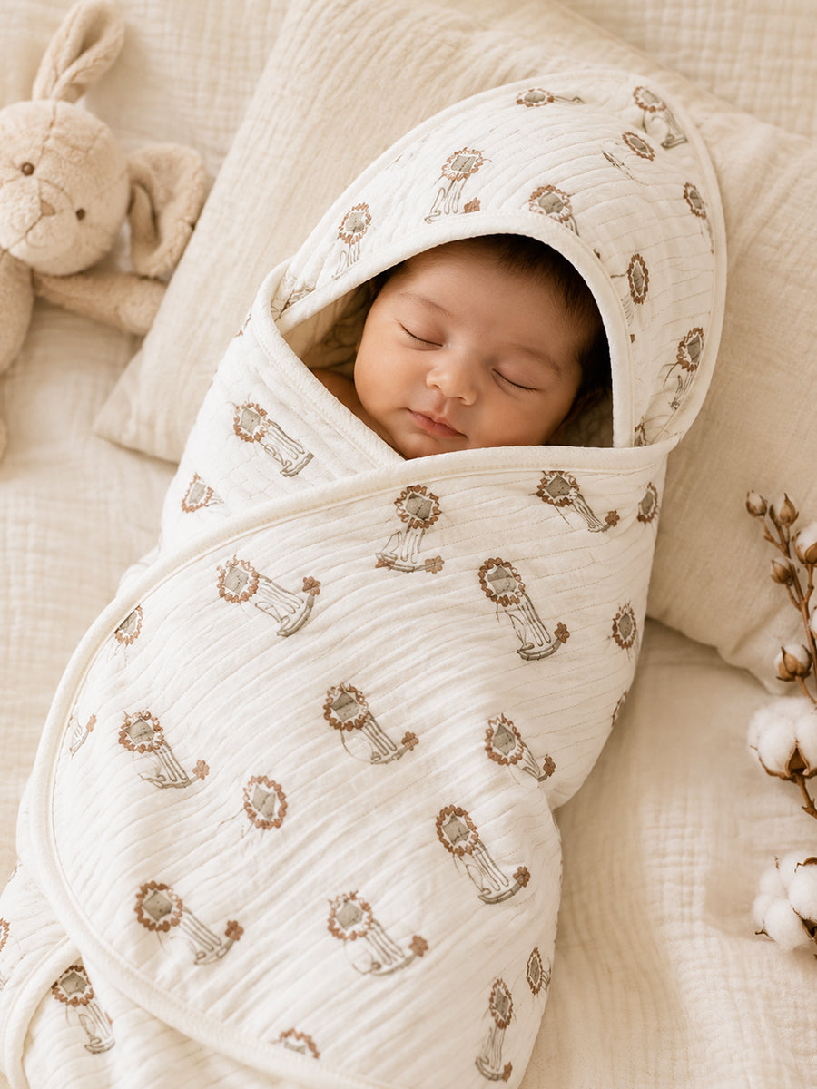 Ziva Baby Hooded Towel – Off White | Lion Cub Print | 100% Knitted Cotton