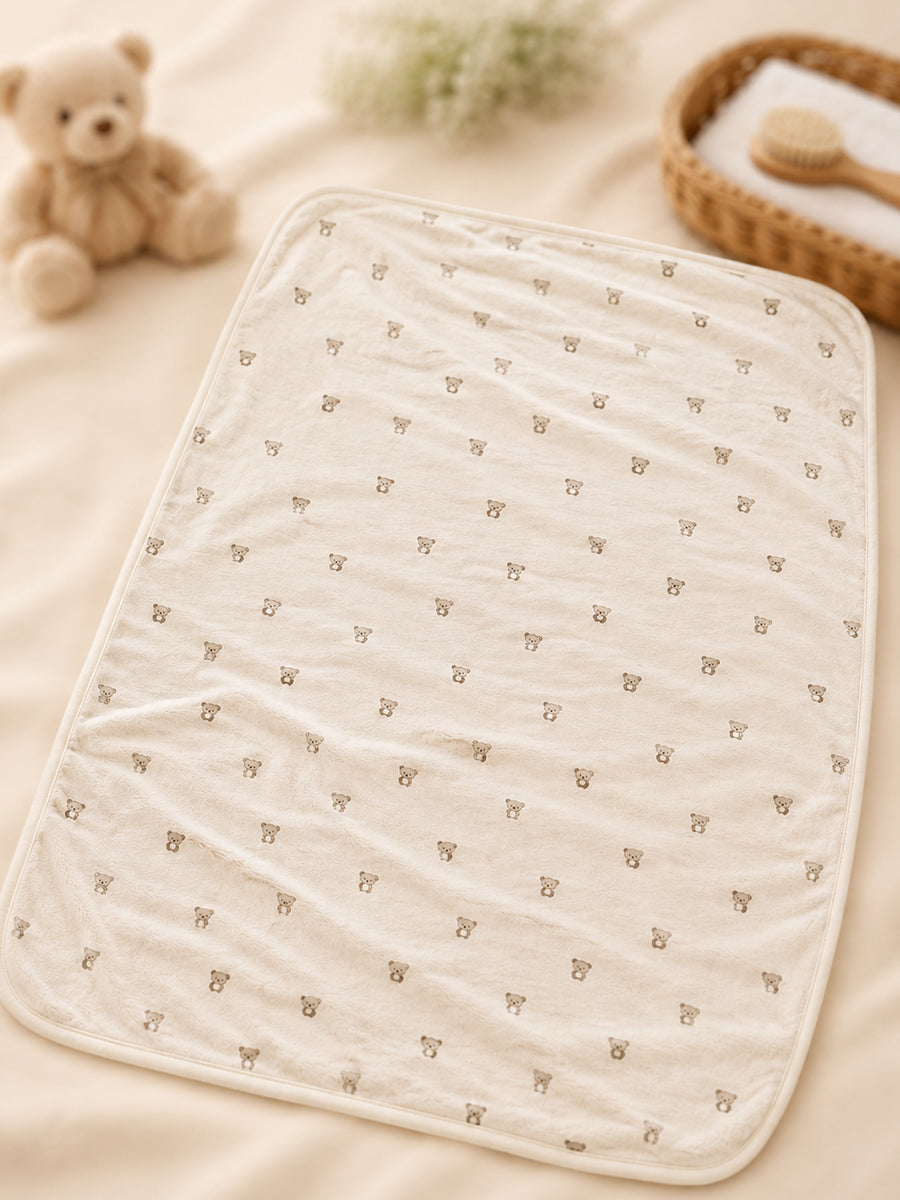 Ziva Baby Hooded Towel – Light Cream Greyish | Tiny Teddy Bear Print | Soft Knitted Cotton