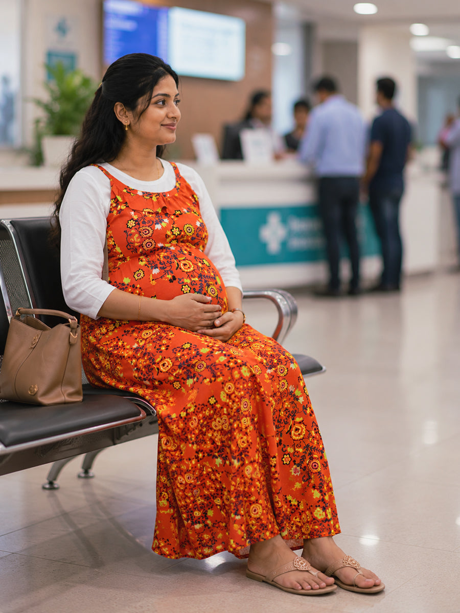 Ziva Maternity & Feeding Rayon Full Gown with Knitted Cotton Inner Baniyan & Invisible Feeding Zips