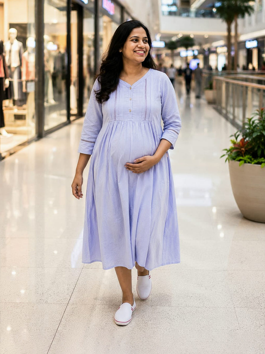 Ziva Maternity & Feeding Crinkle Textured Dress with Invisible Feeding Zip & Pocket – Lavender