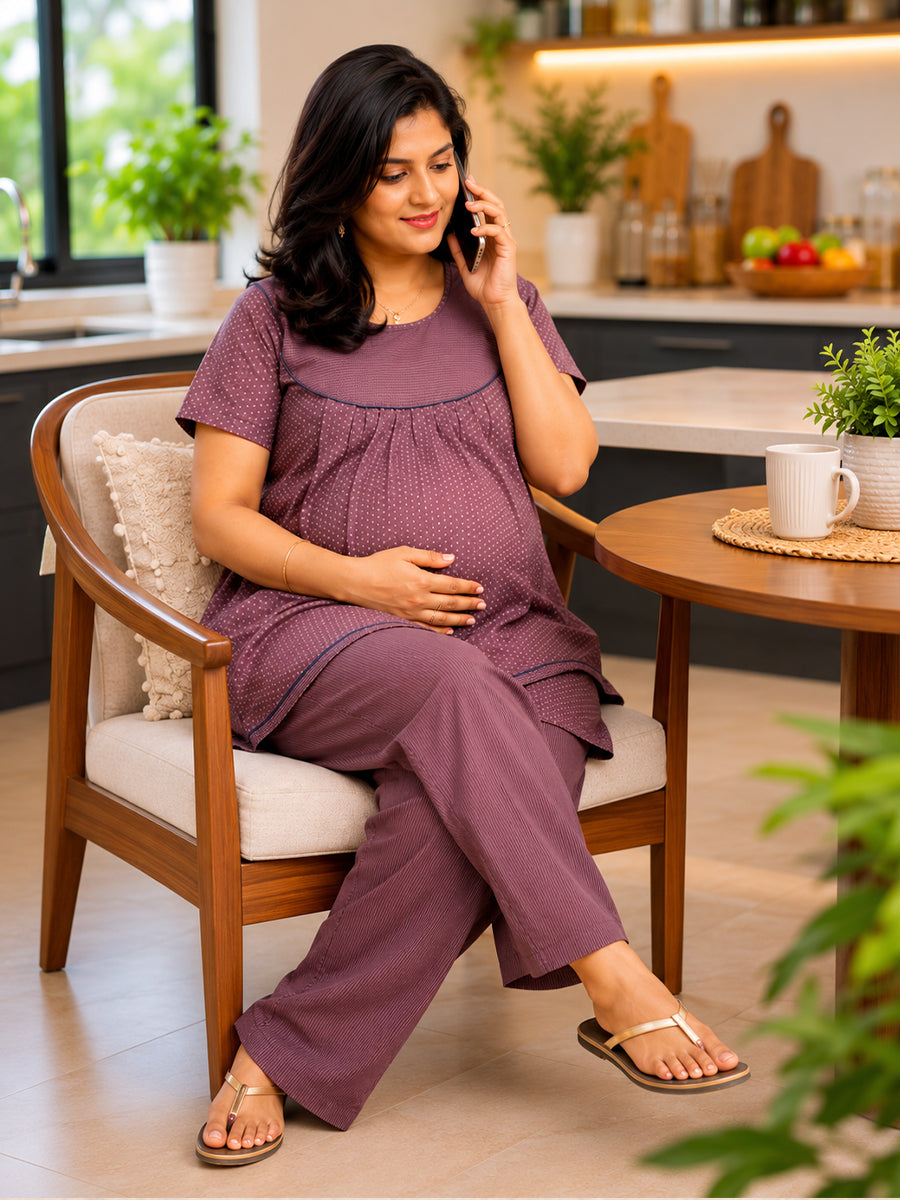 Ziva Maternity & Feeding Cotton Pyjama Suit with Invisible Feeding Zips & Adjustable Waist Pant