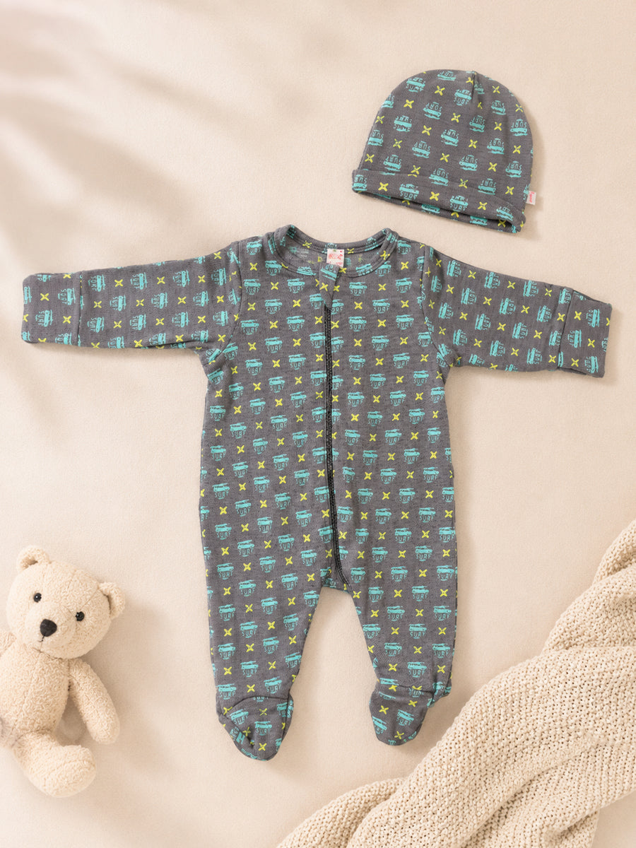 Ziva Knitted Cotton Baby Sleepsuit with Cap – Surf Day Print | Charcoal Grey