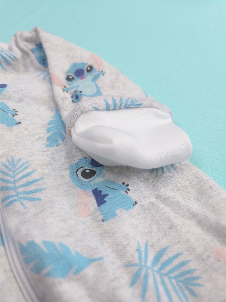 Ziva Knitted Cotton Baby Sleepsuit with Cap – Cartoon Character & Tropical Leaf Print | Heather Grey & Sky Blue
