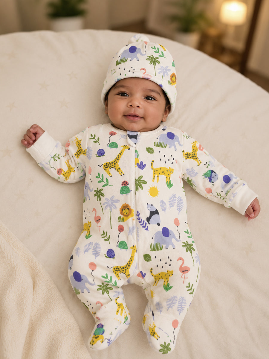 Ziva Knitted Cotton Baby Sleepsuit with Cap – Safari Animal Print | Ivory Cream