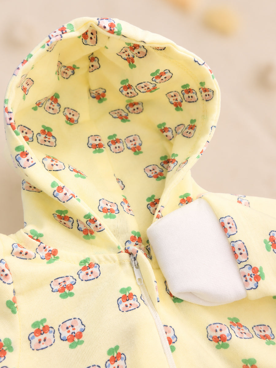 Ziva Hooded Knitted Cotton Sleepsuit – Cherry Bear Print | Buttercream Yellow