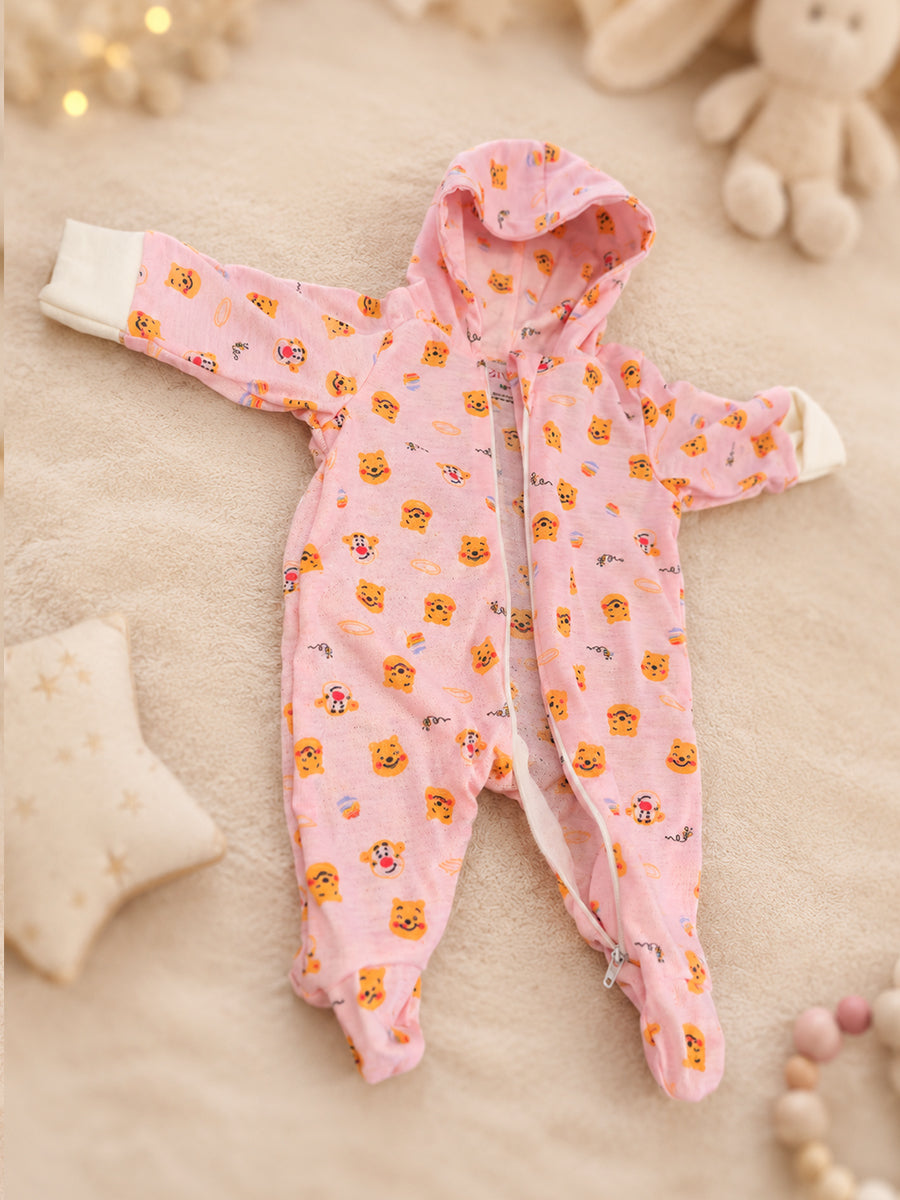 Ziva Hooded Knitted Cotton Baby Sleepsuit – Teddy & Tiger Friends Print | Soft Baby Pink
